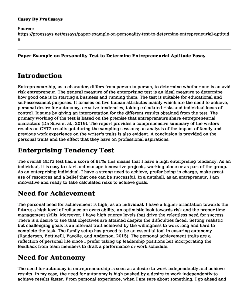 Paper Example on Personality Test to Determine Entrepreneurial Aptitude