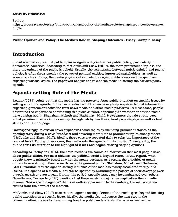 Public Opinion and Policy: The Media's Role in Shaping Outcomes - Essay Example