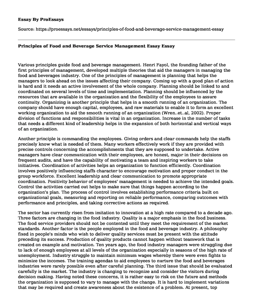 Principles of Food and Beverage Service Management Essay