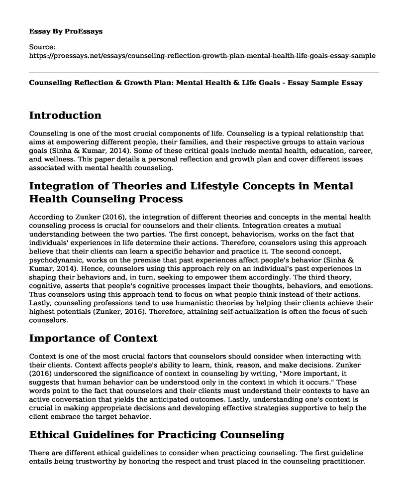 Counseling Reflection & Growth Plan: Mental Health & Life Goals - Essay Sample