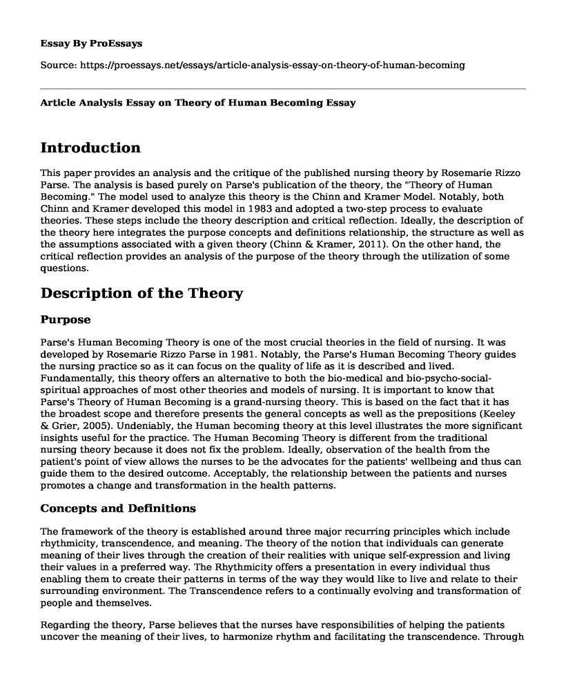 Article Analysis Essay on Theory of Human Becoming