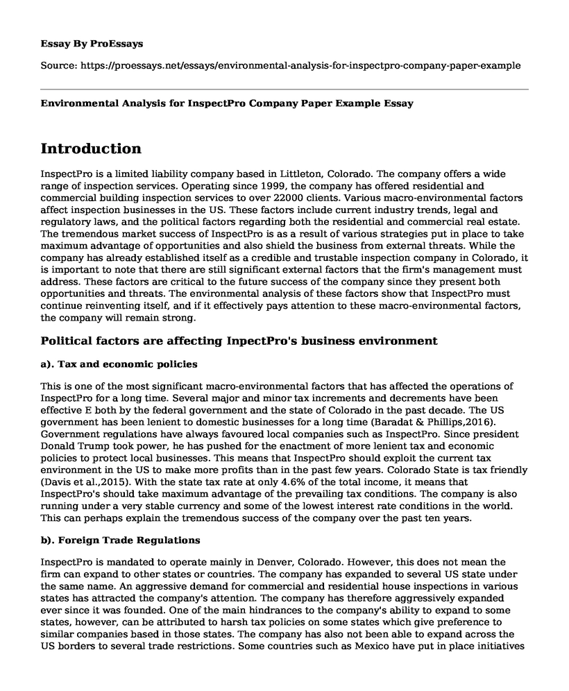 Environmental Analysis for InspectPro Company Paper Example