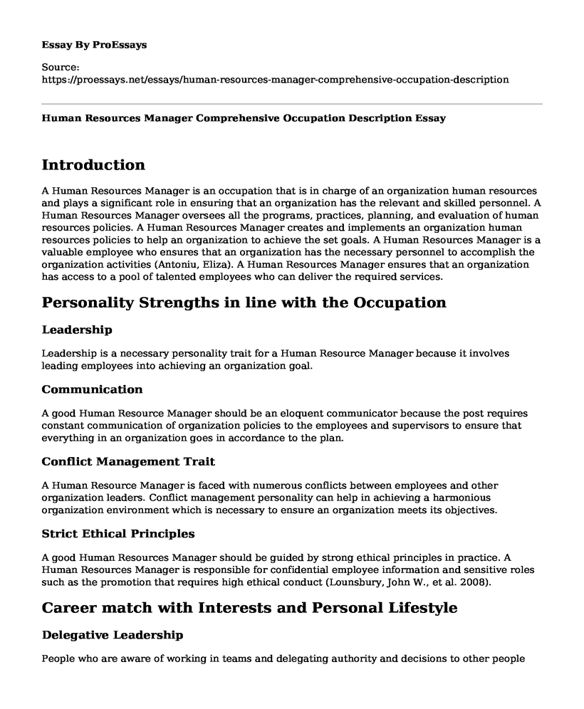 Human Resources Manager Comprehensive Occupation Description