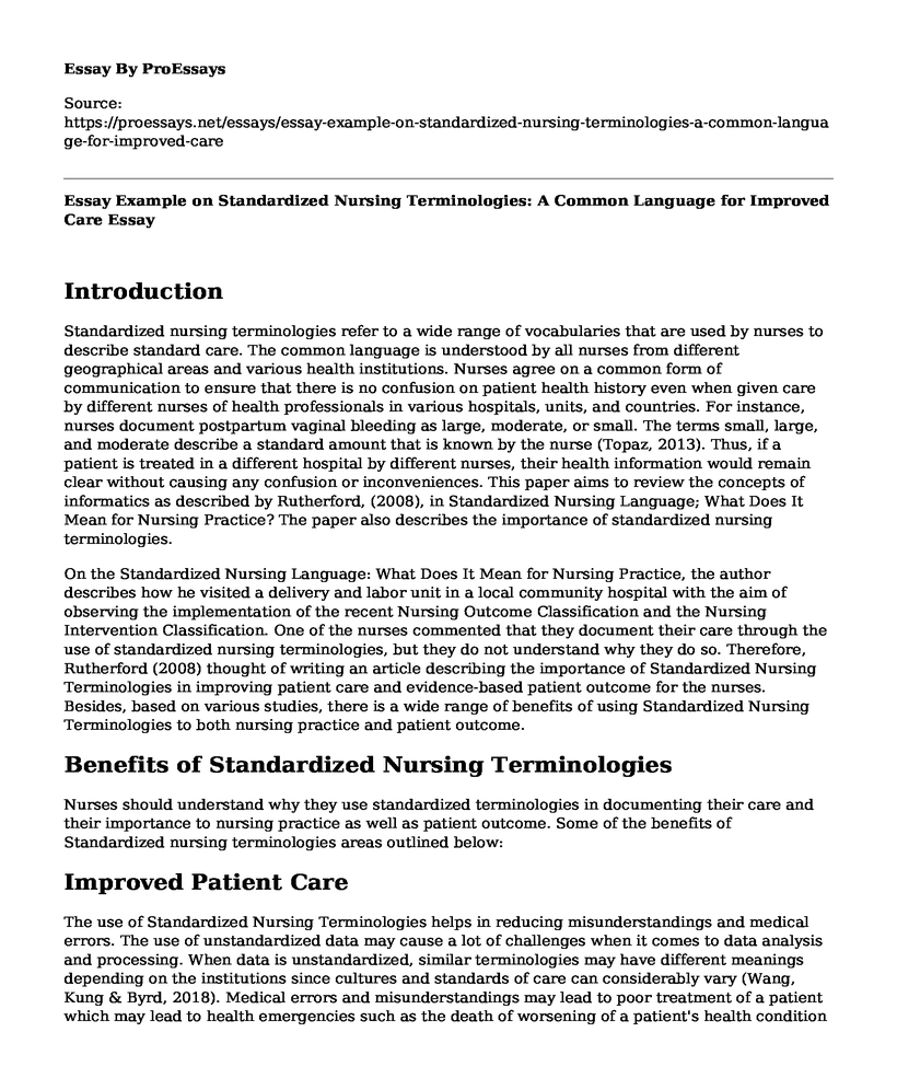 Essay Example on Standardized Nursing Terminologies: A Common Language for Improved Care