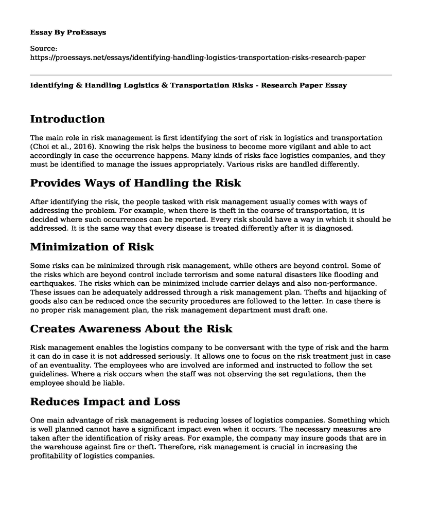Identifying & Handling Logistics & Transportation Risks - Research Paper