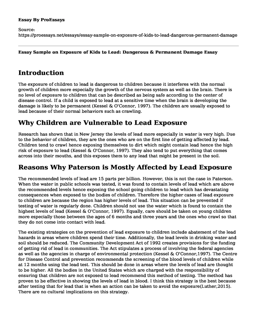 Essay Sample on Exposure of Kids to Lead: Dangerous & Permanent Damage