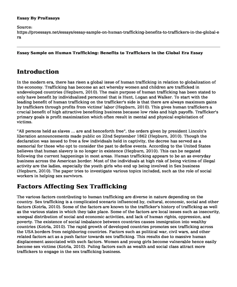 Essay Sample on Human Trafficking: Benefits to Traffickers in the Global Era