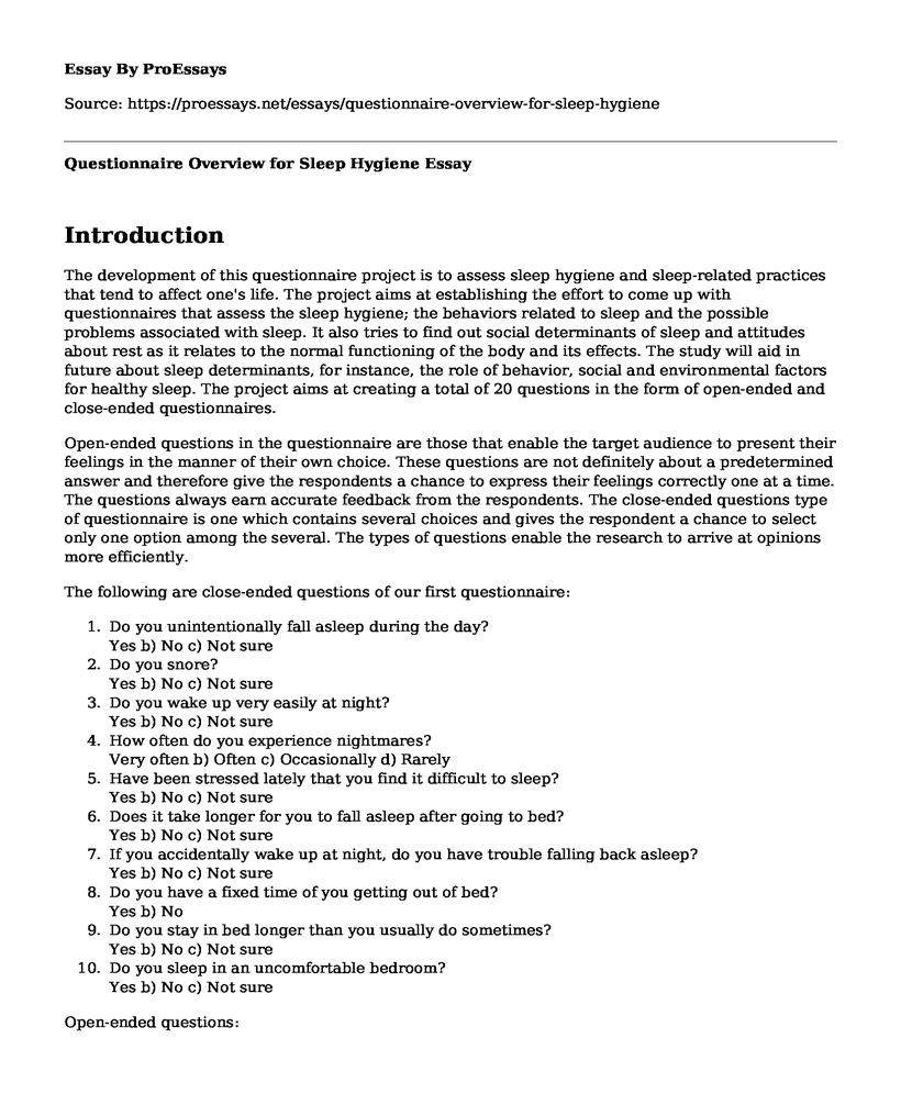 Questionnaire Overview for Sleep Hygiene