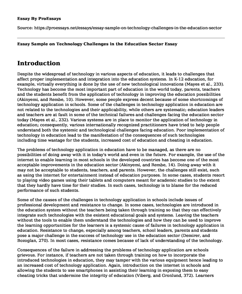Essay Sample on Technology Challenges in the Education Sector