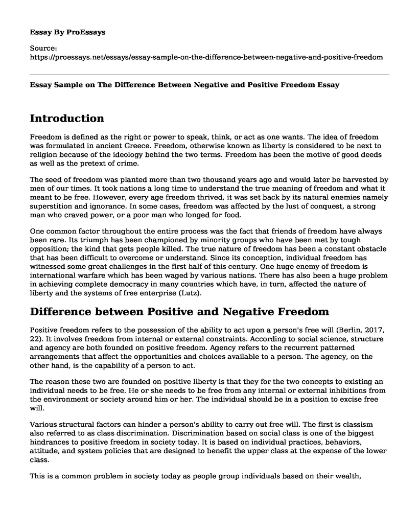 Essay Sample on The Difference Between Negative and Positive Freedom
