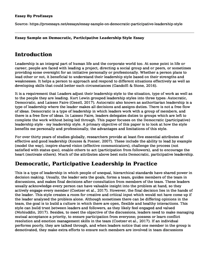 Essay Sample on Democratic, Participative Leadership Style 