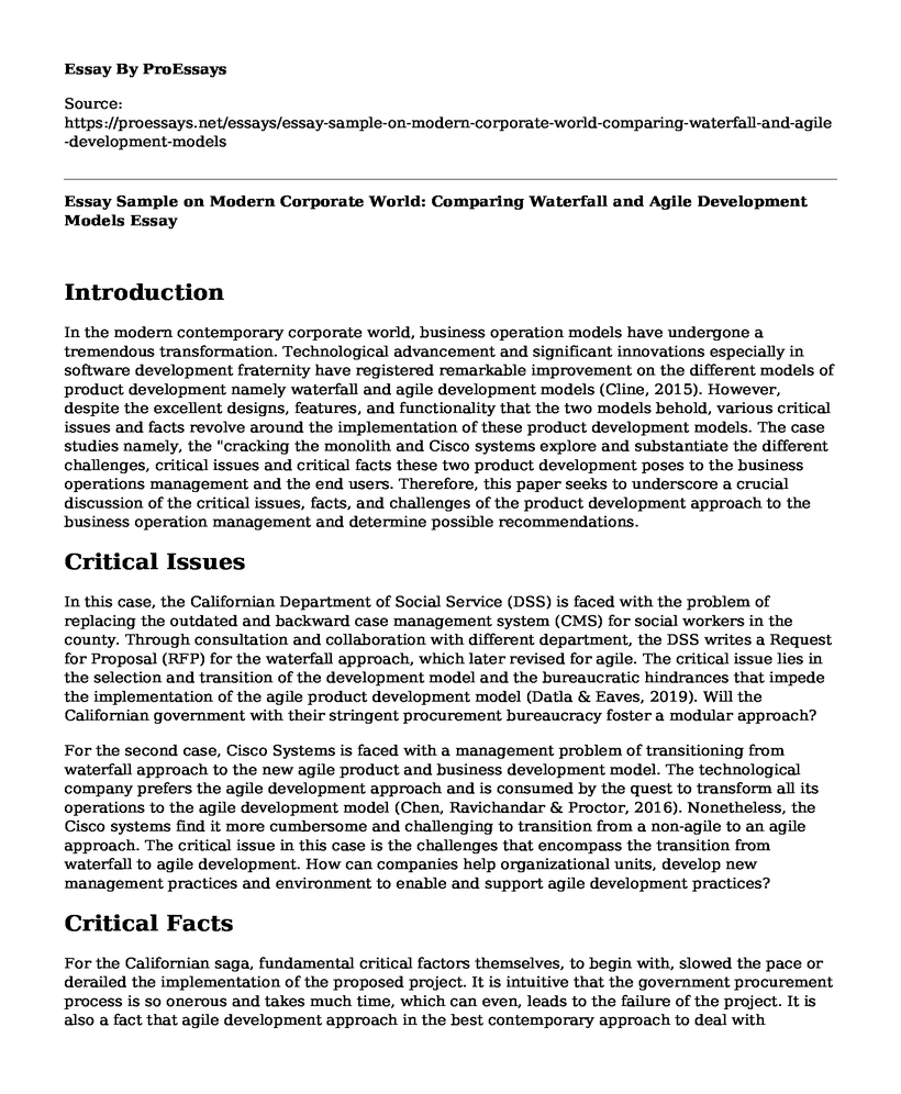 Essay Sample on Modern Corporate World: Comparing Waterfall and Agile Development Models