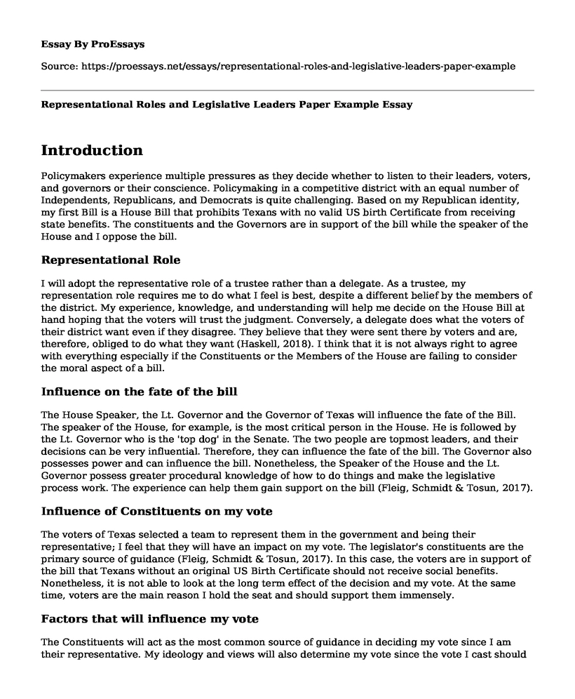Representational Roles and Legislative Leaders Paper Example