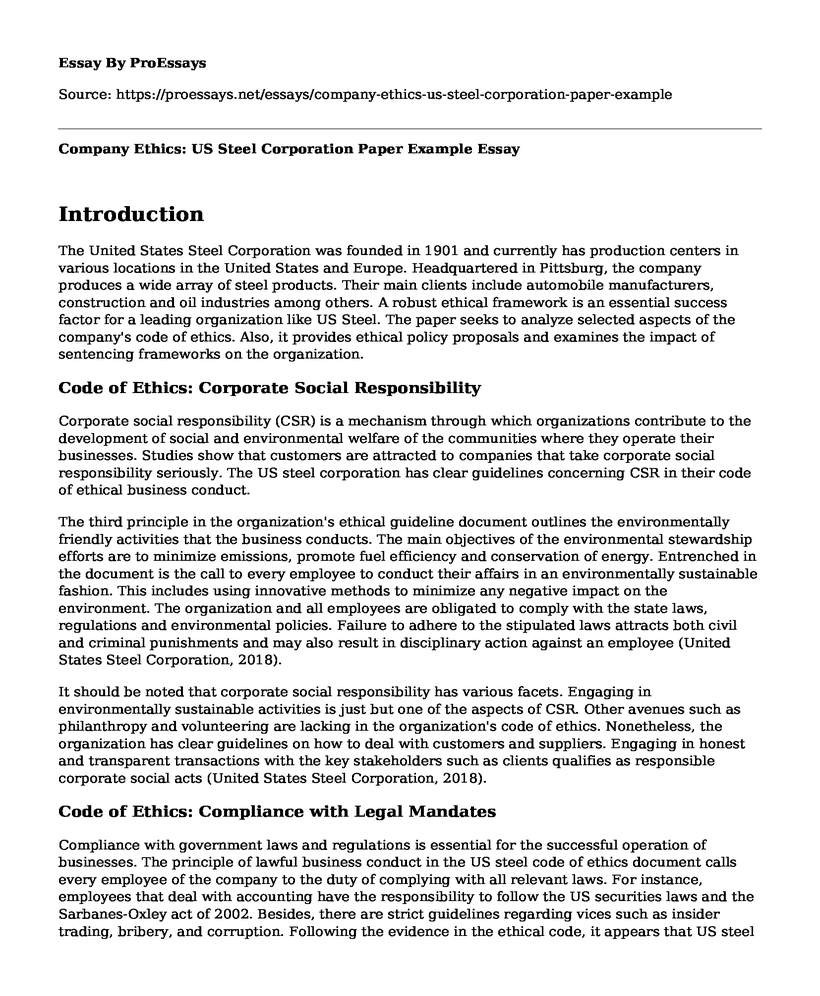 Company Ethics: US Steel Corporation Paper Example