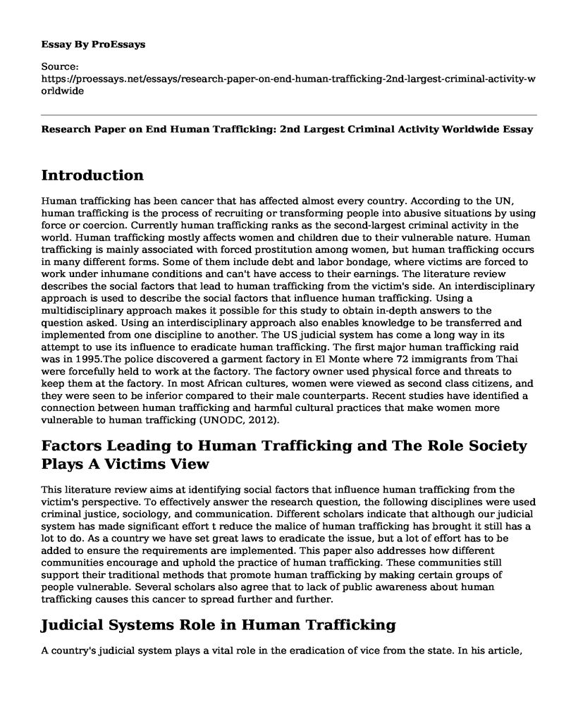 Research Paper on End Human Trafficking: 2nd Largest Criminal Activity Worldwide