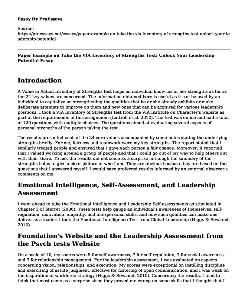 Paper Example on Take the VIA Inventory of Strengths Test: Unlock Your Leadership Potential