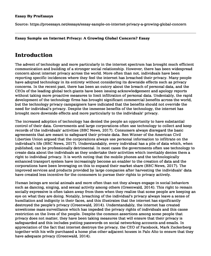 Essay Sample on Internet Privacy: A Growing Global Concern?