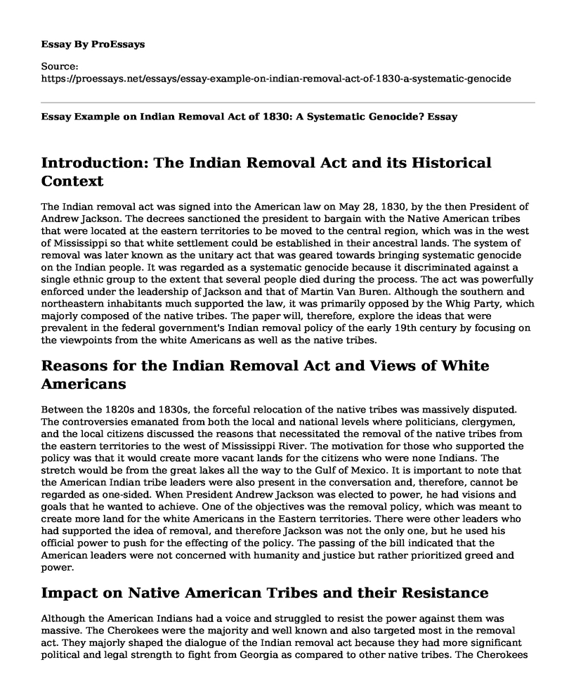 Essay Example on Indian Removal Act of 1830: A Systematic Genocide?