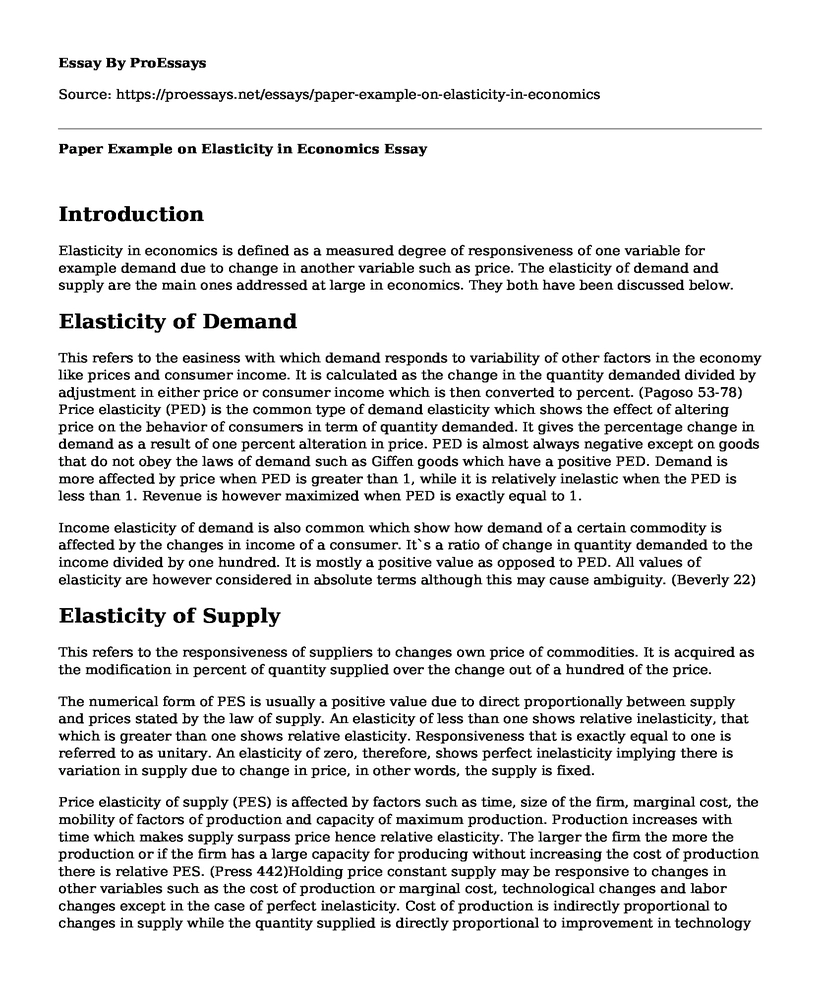 Paper Example on Elasticity in Economics