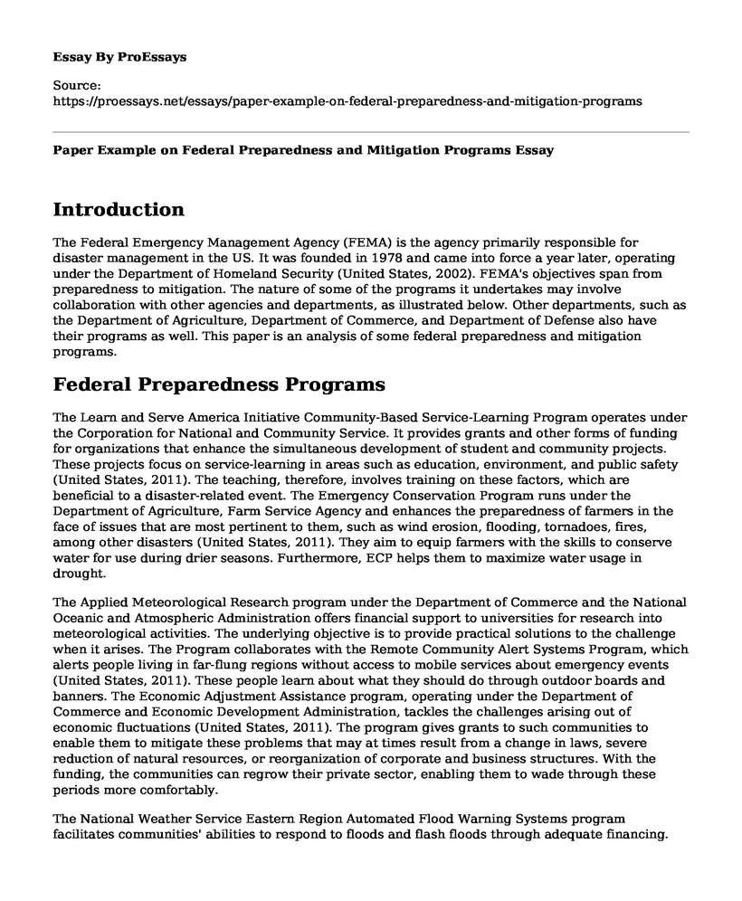Paper Example on Federal Preparedness and Mitigation Programs