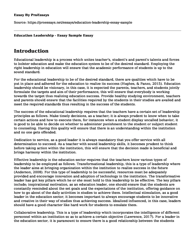 Education Leadership - Essay Sample