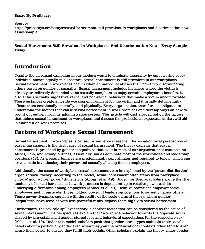 Sexual Harassment Still Prevalent in Workplaces: End Discrimination Now - Essay Sample