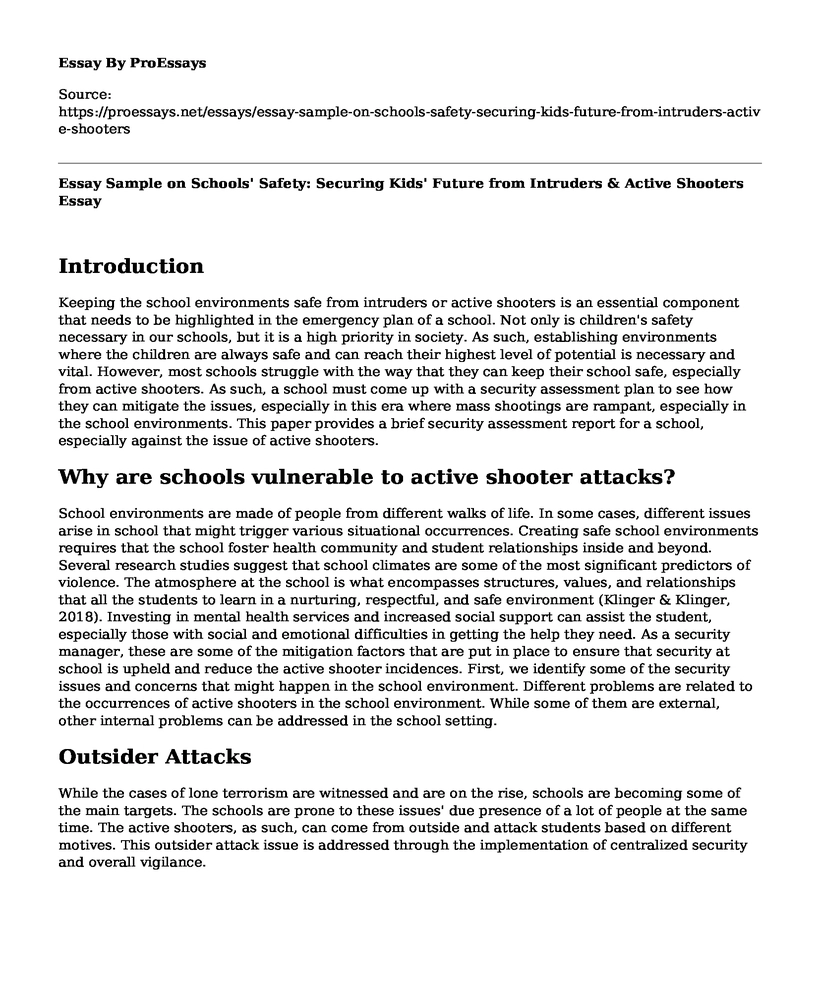 Essay Sample on Schools' Safety: Securing Kids' Future from Intruders & Active Shooters