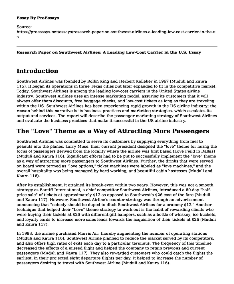 Research Paper on Southwest Airlines: A Leading Low-Cost Carrier in the U.S.