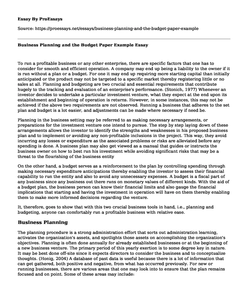 Business Planning and the Budget Paper Example