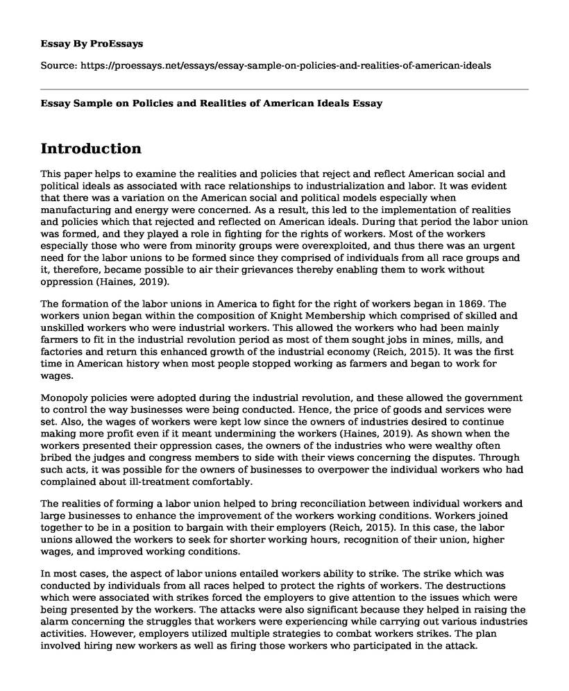 Essay Sample on Policies and Realities of American Ideals