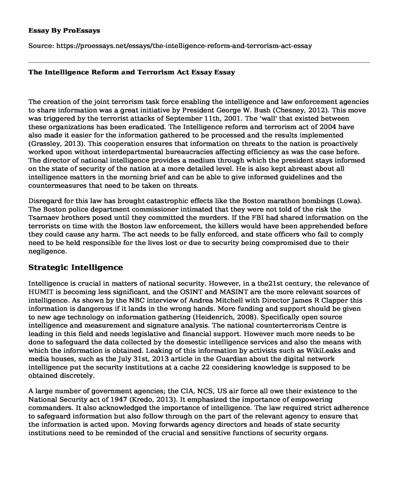 The Intelligence Reform and Terrorism Act Essay