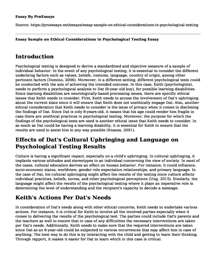 Essay Sample on Ethical Considerations in Psychological Testing