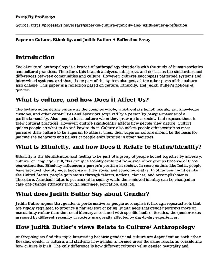 Paper on Culture, Ethnicity, and Judith Butler: A Reflection