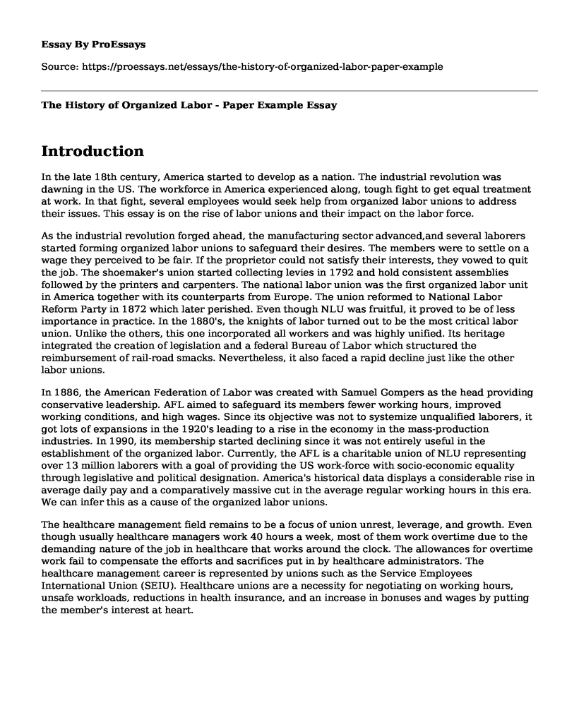 The History of Organized Labor - Paper Example