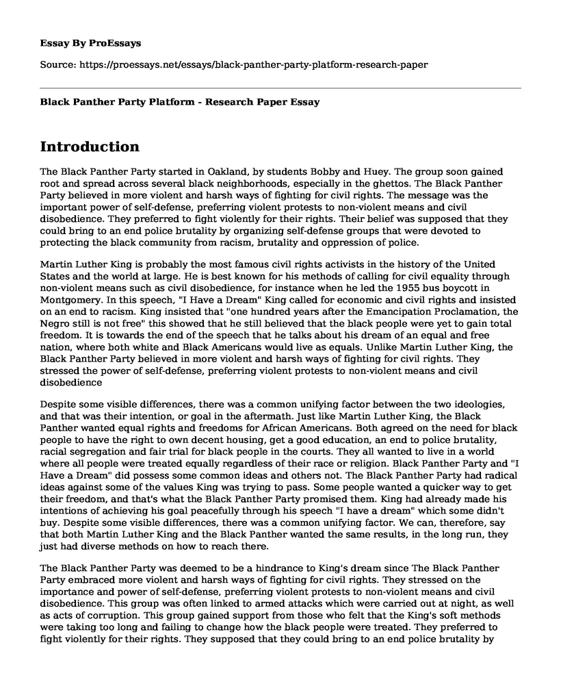 Black Panther Party Platform - Research Paper