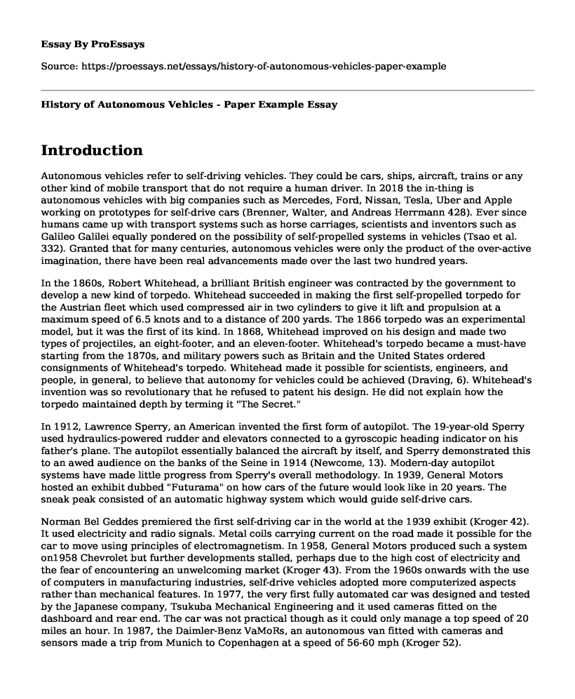 History of Autonomous Vehicles - Paper Example