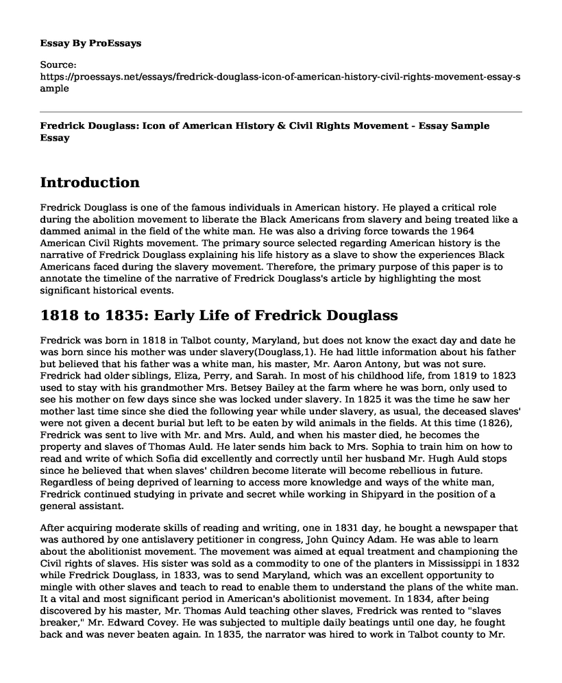 Fredrick Douglass: Icon of American History & Civil Rights Movement - Essay Sample
