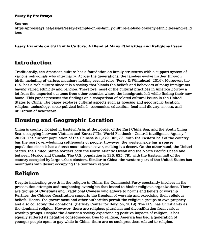 Essay Example on US Family Culture: A Blend of Many Ethnicities and Religions