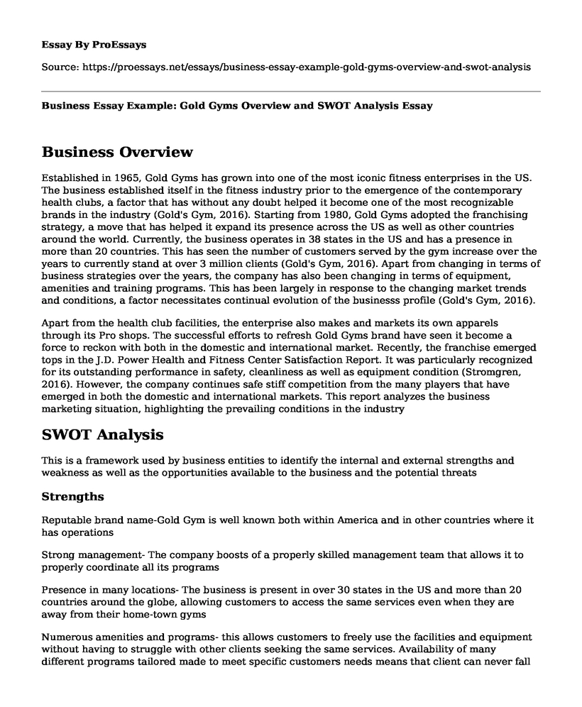 Business Essay Example: Gold Gyms Overview and SWOT Analysis