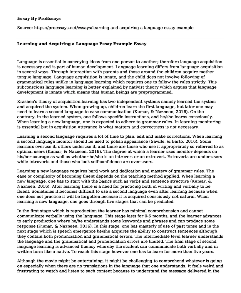 Learning and Acquiring a Language Essay Example