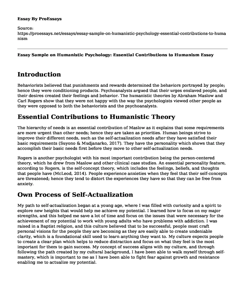 Essay Sample on Humanistic Psychology: Essential Contributions to Humanism