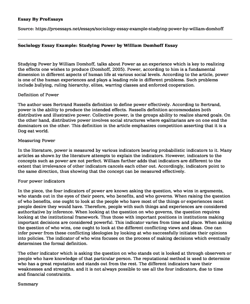 Sociology Essay Example: Studying Power by William Domhoff