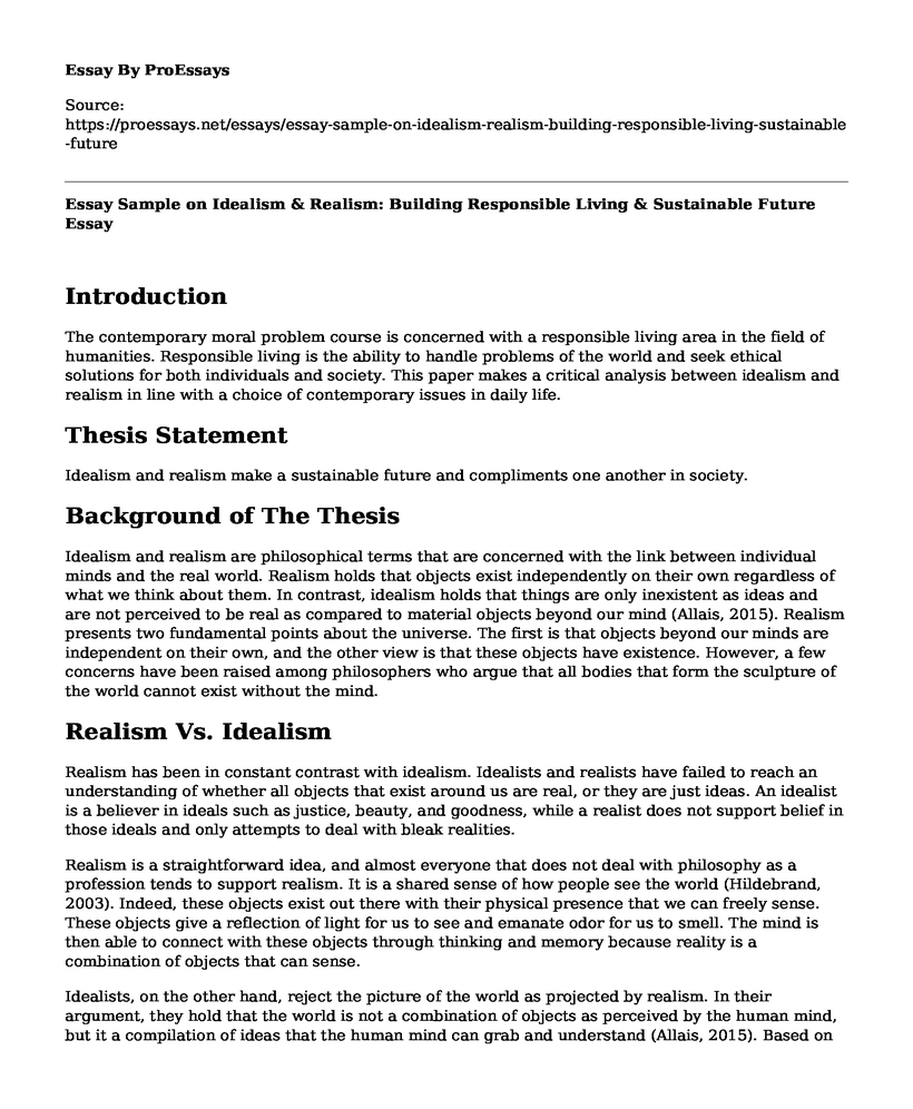 Essay Sample on Idealism & Realism: Building Responsible Living & Sustainable Future