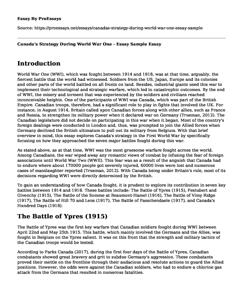 Canada's Strategy During World War One - Essay Sample