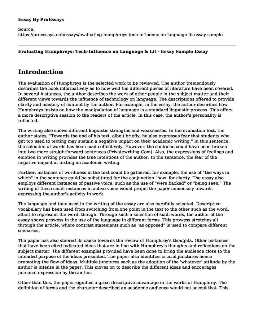 Evaluating Humphreys: Tech-Influence on Language & Lit - Essay Sample
