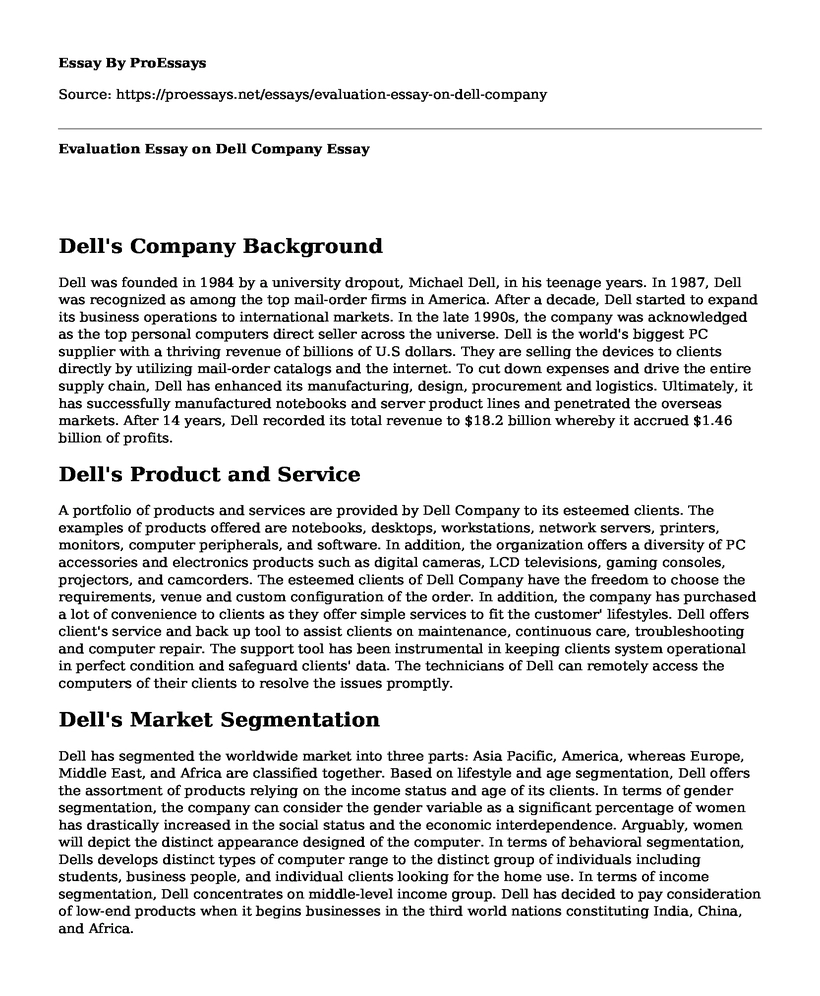 Evaluation Essay on Dell Company