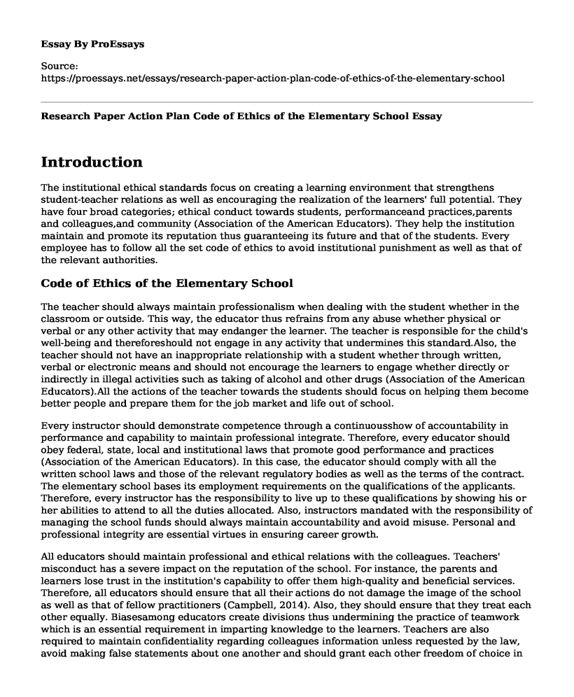 Research Paper Action Plan Code of Ethics of the Elementary School