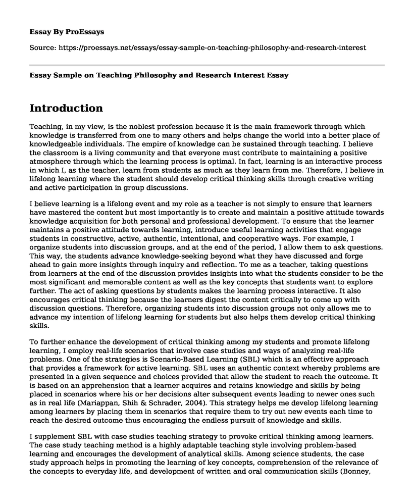 Essay Sample on Teaching Philosophy and Research Interest