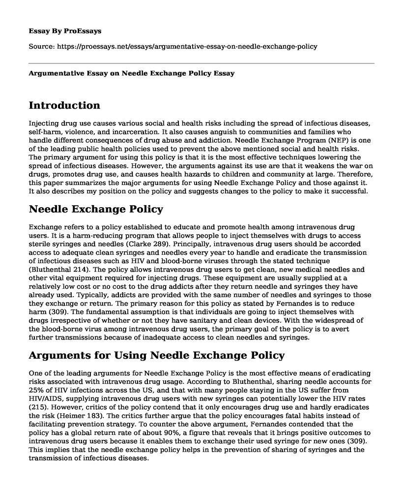 Argumentative Essay on Needle Exchange Policy