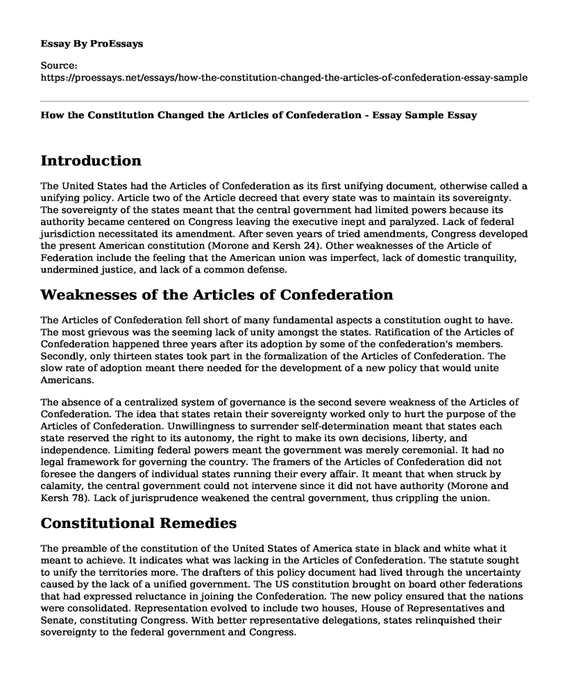How the Constitution Changed the Articles of Confederation - Essay Sample